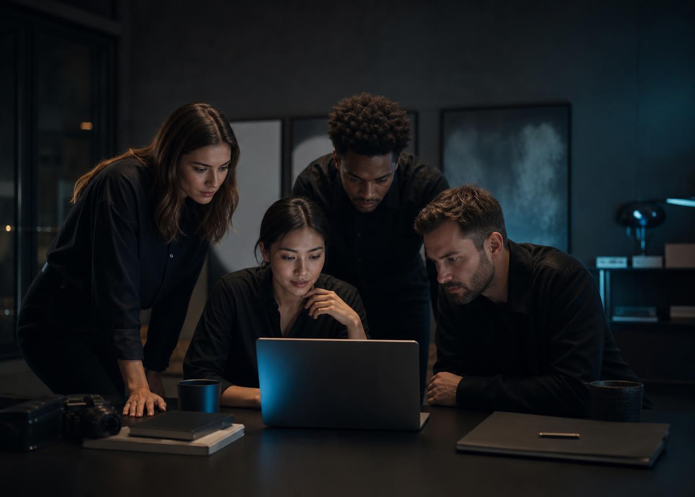 Equipa da xCENCIA Studio em torno de um portátil